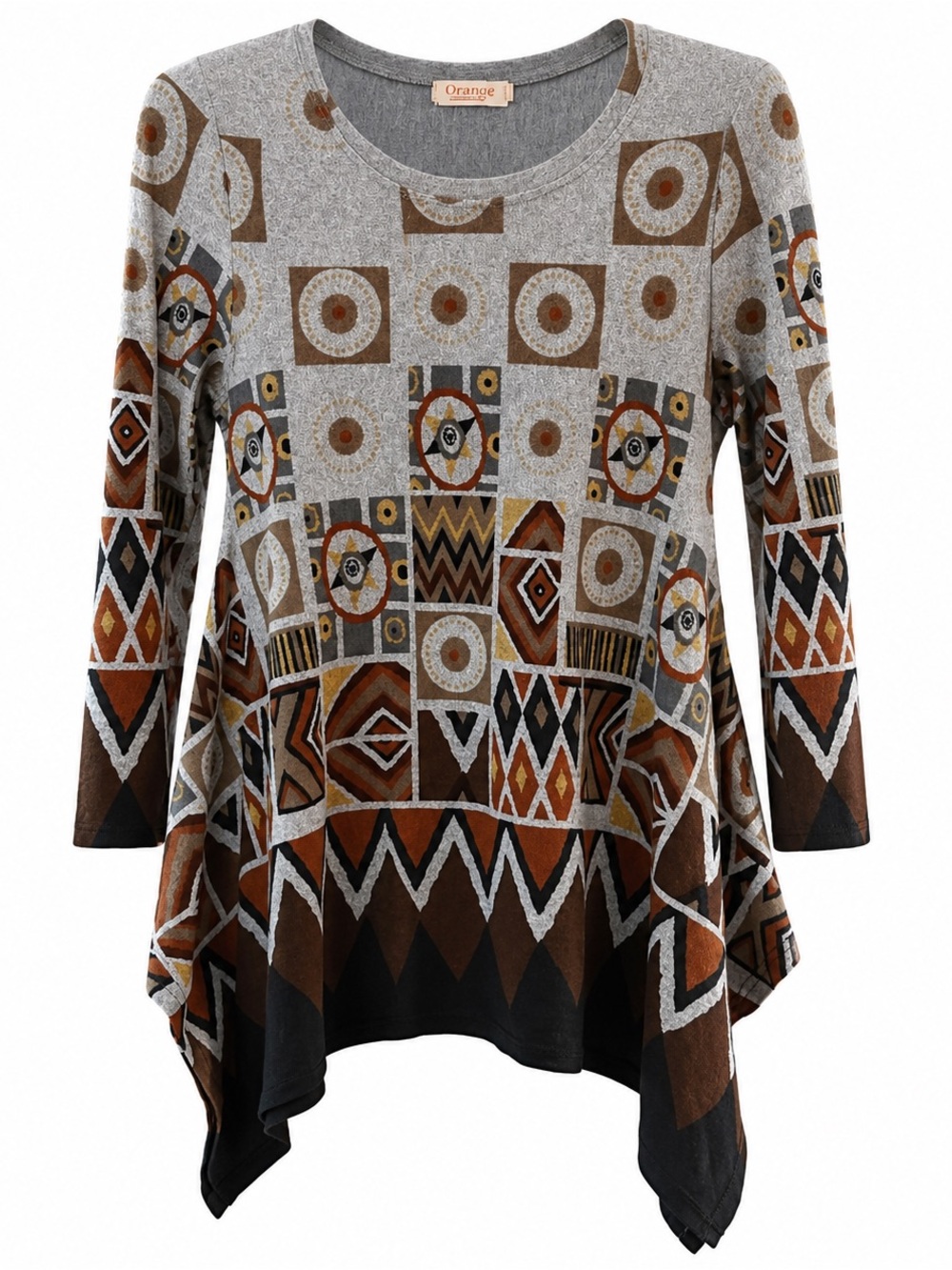 Orange Fashion Village Geometric Print Long Sleeve Tunic Top S/M